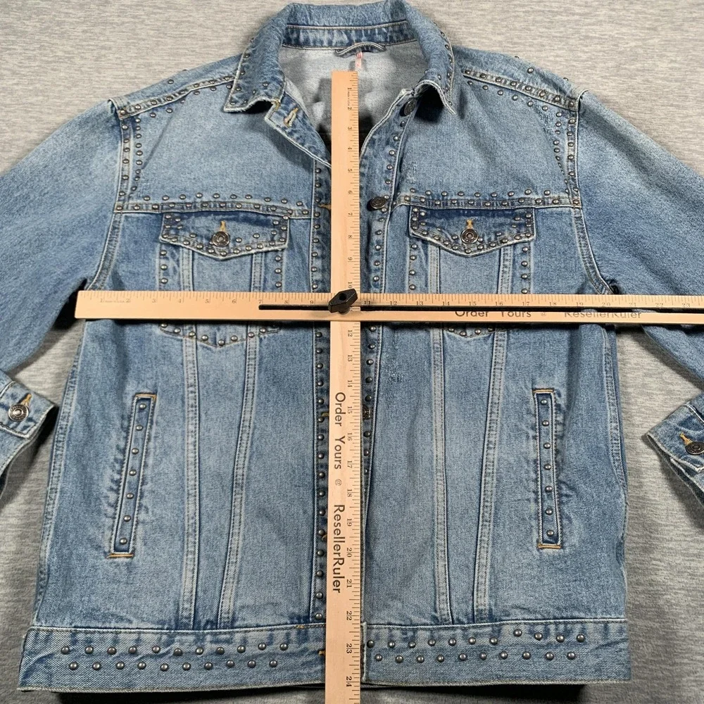 Free People Jacket Womens Small Blue Denim Studded‎ Distressed Jean Western Boho - Picture 8 of 13